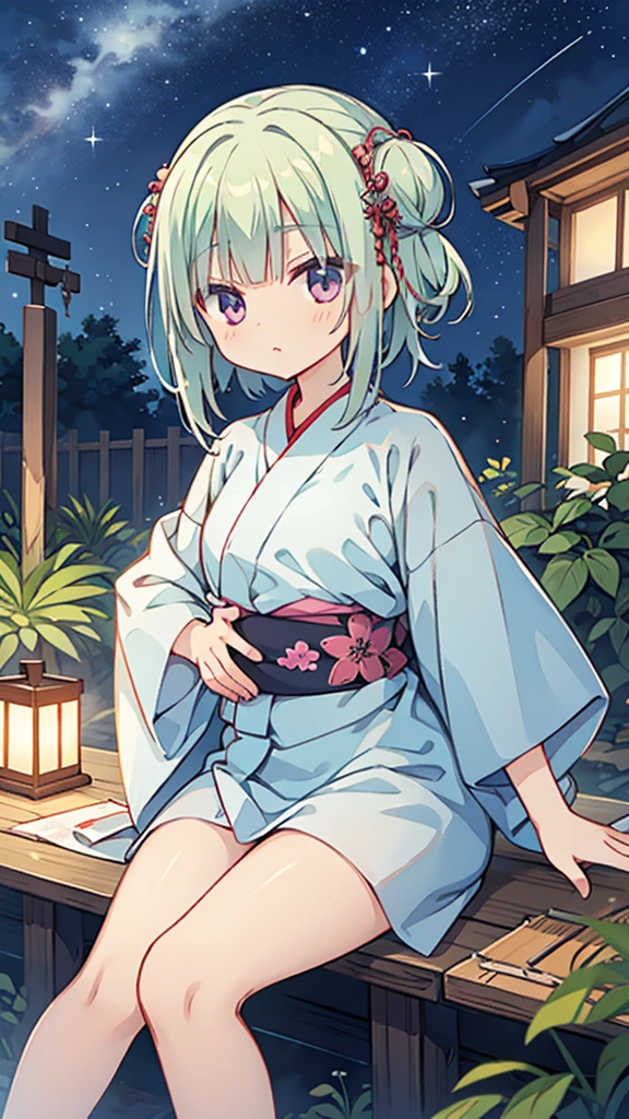 Night Sky、ruins、Sitting、Larger background、yukata、パンティが無い、