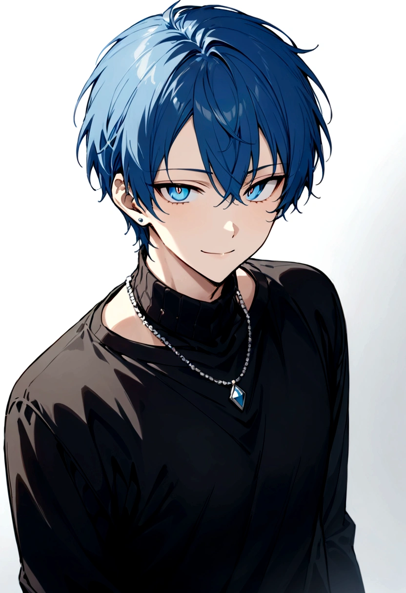 Streaming portrait、solo、Only one person、male、30 years old、front、View center、frontから、front、グレーのJacket、smile、Long earrings、イケメhmm、youth、イケメhmm、male、male性、Short Hair(masterpiece, best quality:1.2), 30 years old、White background、male性、Rin々Shii、Sharp eyes、、Black turtleneck、Black clothes、Blue Hair、blue eyes、whole body、White background、male性、Short Hair、front向き、hmm、Jacket、カーゴパhmmツfront向き、male、ネックレスmaleらShii服装、Silver necklace、
