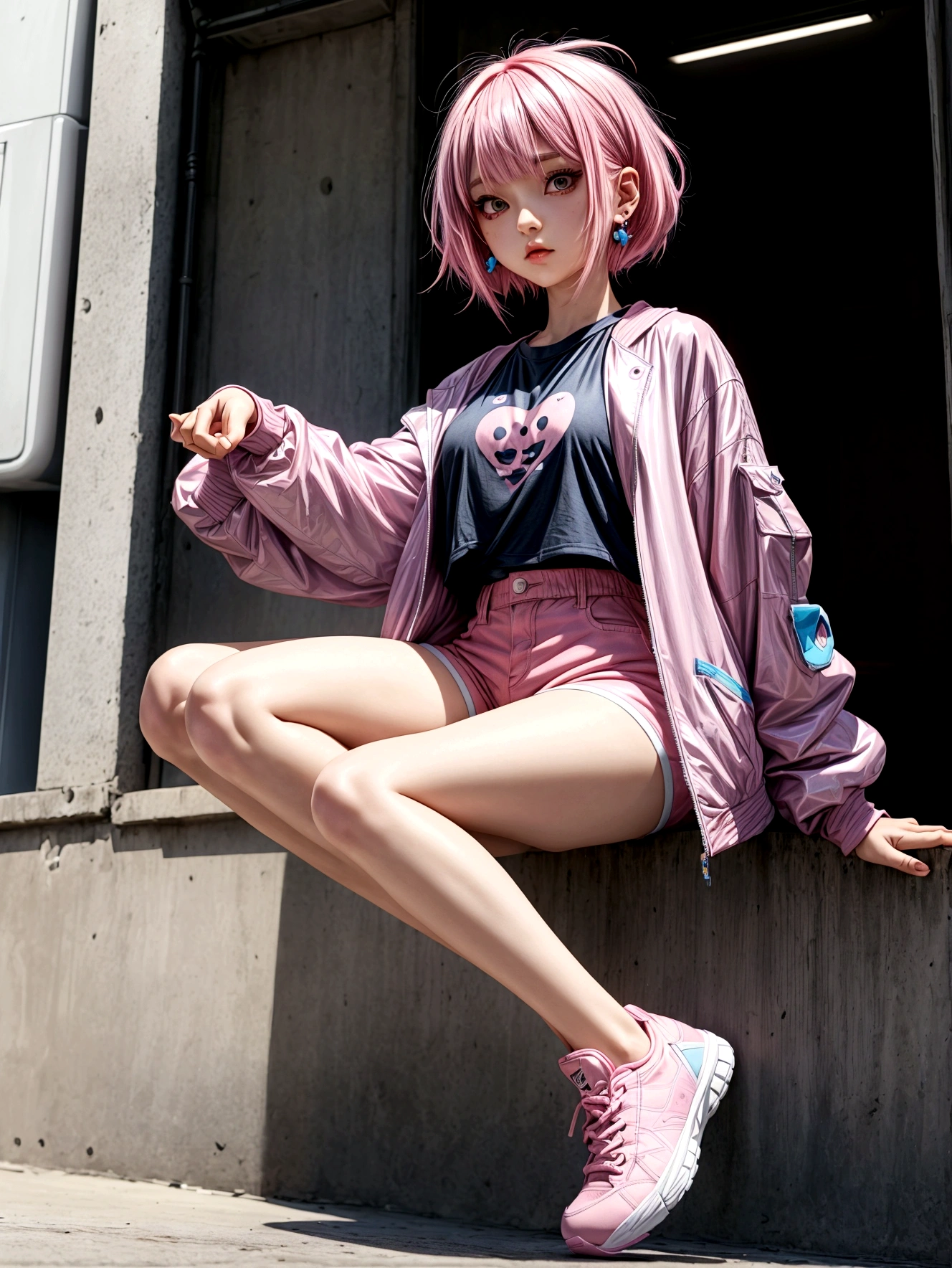 An 25 years old anime girl with pink Bob hairs, big black eyes, she's wearing blue T-shirt, modern short white full sleeves jacket, pink shorts and white shoes, her face and earrings are incredibly cute