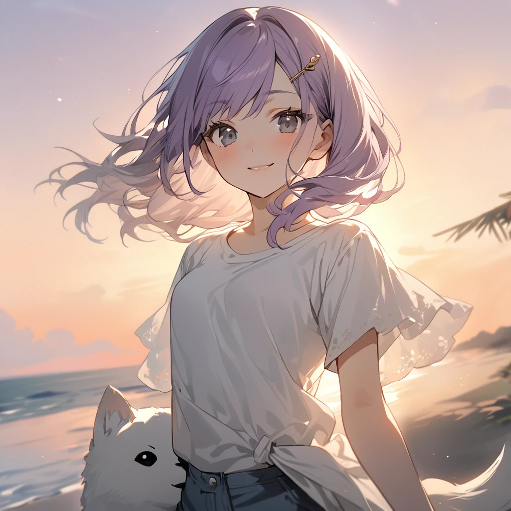 (Cute a girl:1.5), (a girl with closs hair pin,pale purple hair,bluntbangs hair,green and black eyes, a girl is wearing a white T-shirt and navy blue shorts,,look at viewer:1.4), (masterpiece:1.3), anime visual, (Lovey-dovey:1.5), (tilt head:1.3), extremely delicate face, soft clean focus, realistic lighting and shading, (an extremely delicate and beautiful art:1.3), elegant, (muted colors:1.1), small breast,Taking an light brawn colored Akita dog for a walk in the sunset,smiling,
