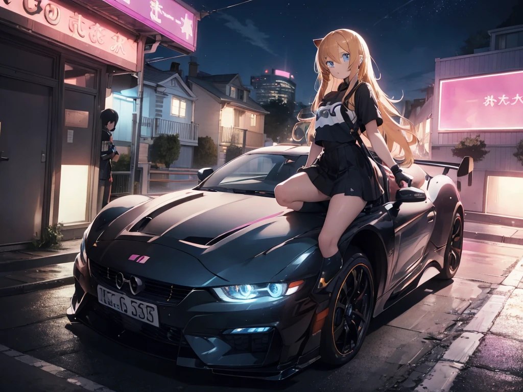age woman ,long golden hair, blue eye,Wear black, Posing on the roof of a pink sports car ,colored lights,cat bag,Morning,racer