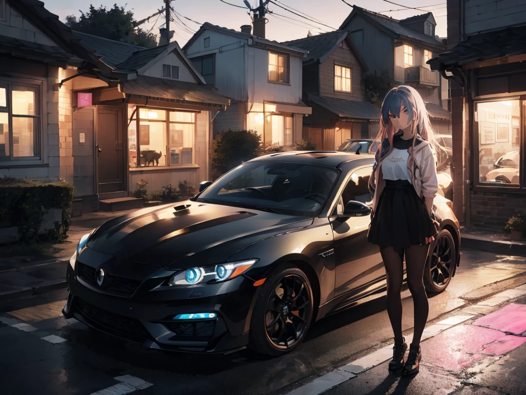 teenage woman ,long golden hair, blue eye,Wear black, Posing on the roof of a pink sports car ,colored lights,cat bag,Morning,racer