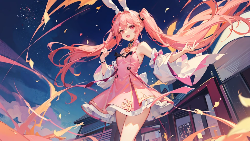 anime style, a girl with ears and bunny tail, With a rabbit tail, With rabbit ears, standing on sidewalk, portrait, gisha, anime image, long hair, pink hair, twintail hair, hair covering ears, happy, Polished and powerful look, out of tune,cute anime waifu in a nice dress, pink twintail hair and red eyes, in dress, Anime moe art style, drawn in anime painter studio, Smooth anime CG art, Beautiful anime girl,
