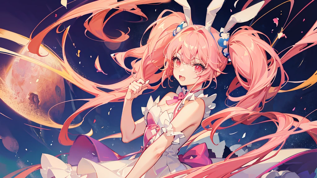 anime style, a girl with ears and bunny tail, With a rabbit tail, With rabbit ears, standing on sidewalk, portrait, gisha, anime image, long hair, pink hair, twintail hair, hair covering ears, happy, Polished and powerful look, out of tune,cute anime waifu in a nice dress, pink twintail hair and red eyes, in dress, Anime moe art style, drawn in anime painter studio, Smooth anime CG art, Beautiful anime girl,