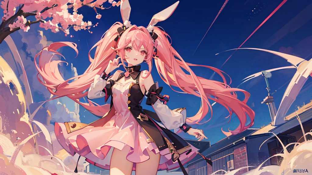 anime style, a girl with ears and bunny tail, With a rabbit tail, With rabbit ears, standing on sidewalk, portrait, gisha, anime image, long hair, pink hair, twintail hair, hair covering ears, happy, Polished and powerful look, out of tune,cute anime waifu in a nice dress, pink twintail hair and red eyes, in dress, Anime moe art style, drawn in anime painter studio, Smooth anime CG art, Beautiful anime girl,