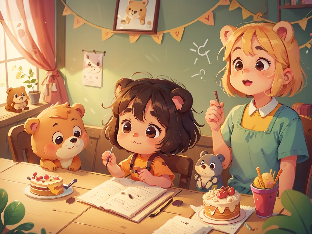 cartoon illustration,facial details,cute,indoor，table，birthday ，Little Bear，animal，Only animals，Bright colors，Cake