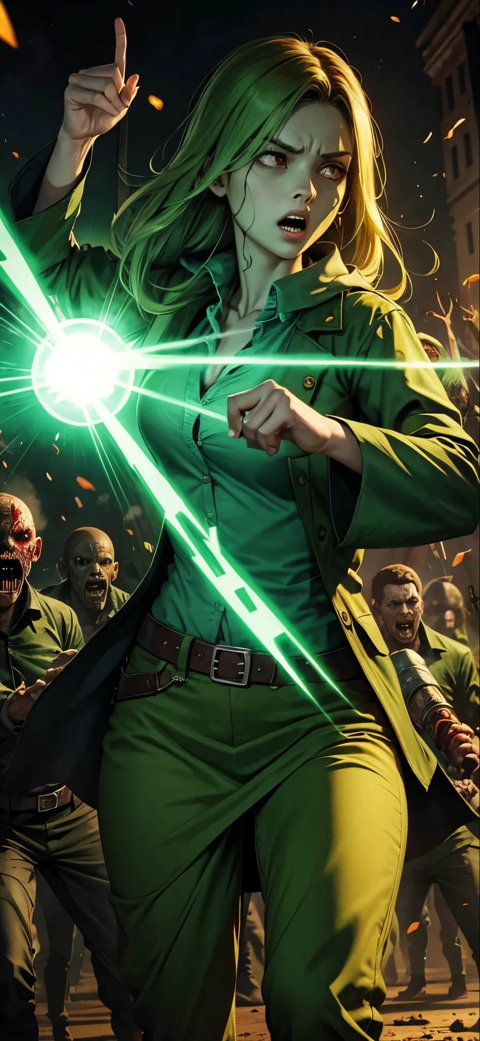 While surrounded by zombies、A female wizard wearing green clothes is fighting