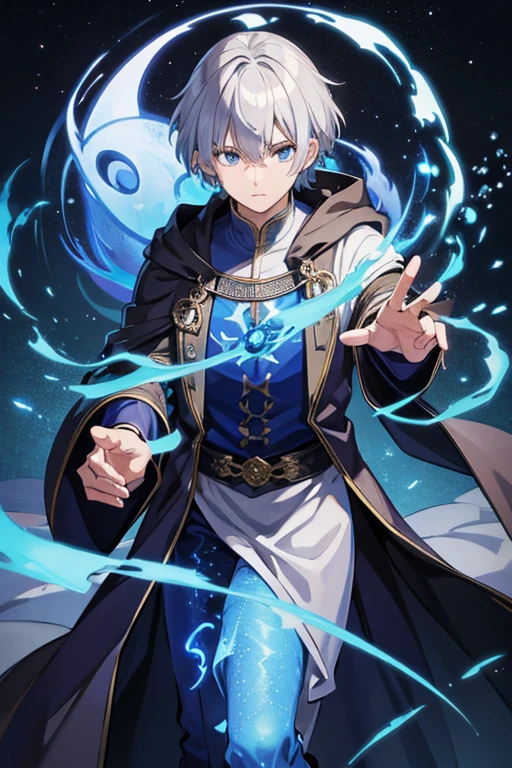 masterpiece, Highest quality, High resolution，Anime Style、Silver Hair、Short Hair、male、Wizard、Robe、magic、Blue Flame、Ancient city