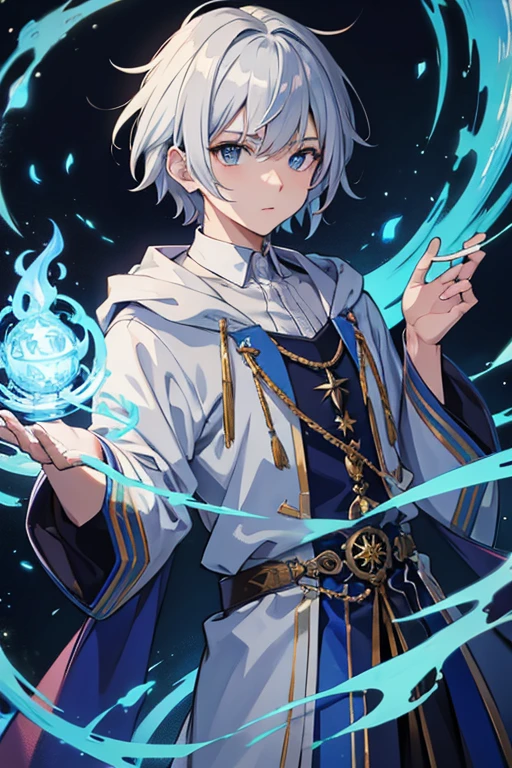 masterpiece, Highest quality, High resolution,Anime Style、Silver Hair、Short Hair、male、Wizard、Robe、magic、Blue Flame、Ancient city