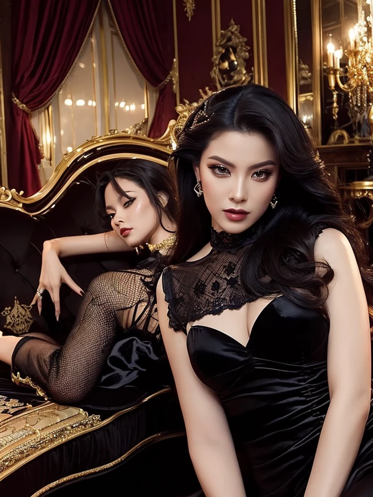 beautiful Lady, alluring, mesmerizing, seducing look, perfection hair, glamorous hair, star shiny gaze eyes, wearing beautiful black mysterious femme fatale dress, dominant, assertive, mannerism, posture of idiosyncrasy, hypnotic, dazzling, elegant, breathtaking, mysterious, heart beating, dominant mistress in mansion
