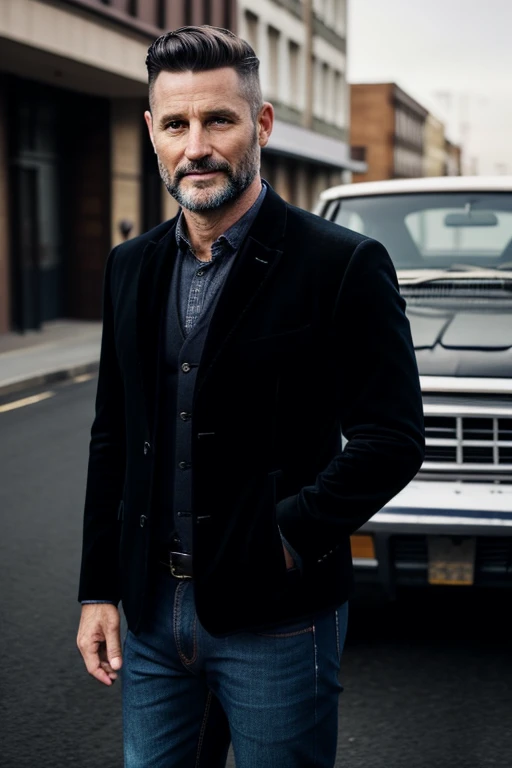 Tired man 40 years old in a classic black velvet jacket and jeans, against the background of a black car, A busy street, Off-road vehicle,  short hair, short haircut, Not shaved, Shchitina, Clear Gaze,  slight smile, big belly, super realistic, accuracy of parts