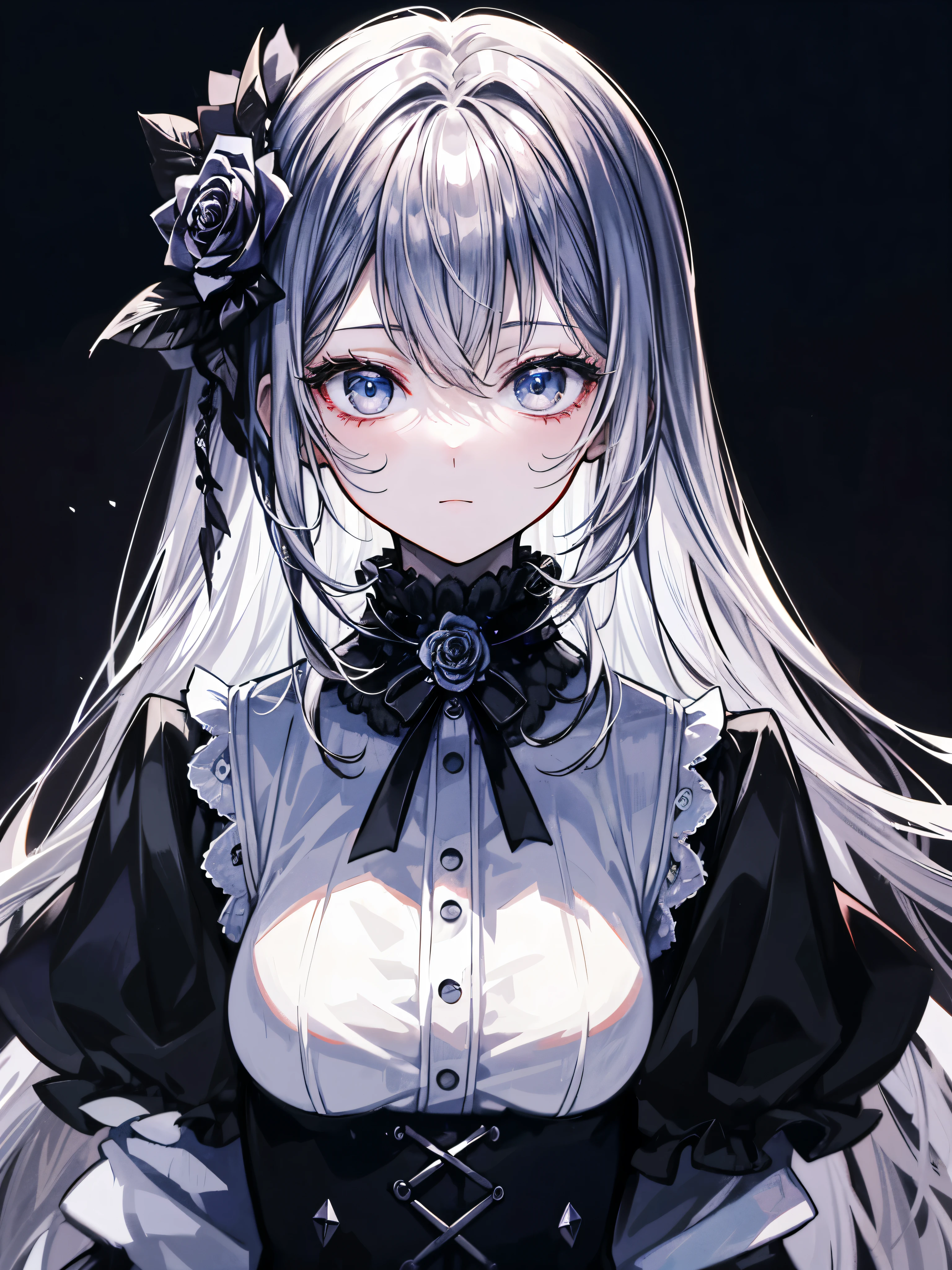 (((masterpiece、Highest quality、Highest quality、High resolution illustrations、Highly Detailed Unity 8K Wallpaper)))、Illustration of a girl alone、beautiful girl、Beautiful character design、perfect face、portrait、Gothic ta、tall、Black Rose、Gothic Horror