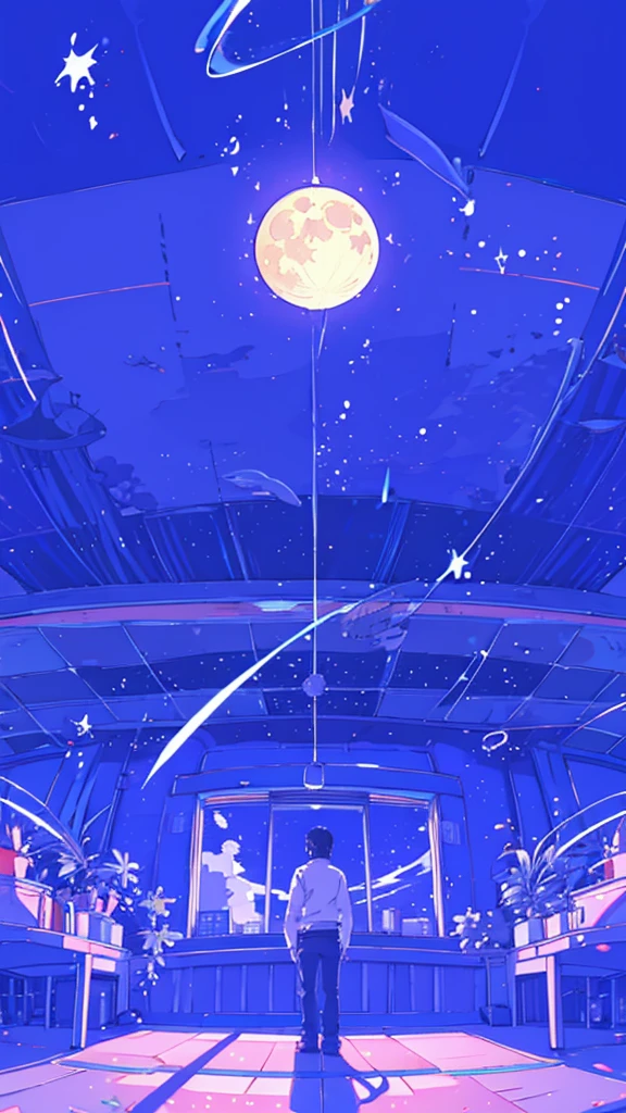 One man in a large room、look up、 night, moon, plant, star空、, star , night空、star座、dynamic、 scenery, Amaterasu, Wide Shot, moon, Neon Light,