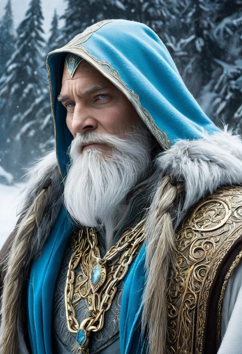 Thorin had a white beard and wore a sky-blue hood with a long silver tassel... Around his neck he wore a gold chain, to which he attached his grandfather's key. He wore a gold belt and jewels, and her socks were yellow. He was also considered quite tall for a dwarf, although its height was insignificant compared to other breeds.
