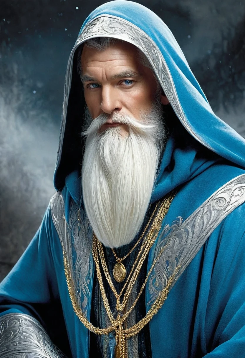 Thorin had a white beard and wore a sky-blue hood with a long silver tassel... Around his neck he wore a gold chain, to which he attached his grandfather's key. He wore a gold belt and jewels, and her socks were yellow. He was also considered quite tall for a dwarf, although its height was insignificant compared to other breeds.