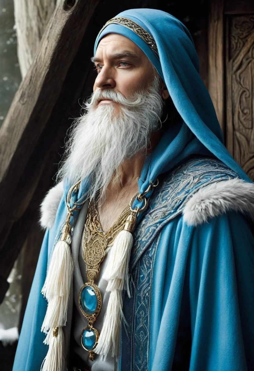 Thorin had a white beard and wore a sky-blue hood with a long silver tassel... Around his neck he wore a gold chain, to which he attached his grandfather's key. He wore a gold belt and jewels, and her socks were yellow. He was also considered quite tall for a dwarf, although its height was insignificant compared to other breeds.