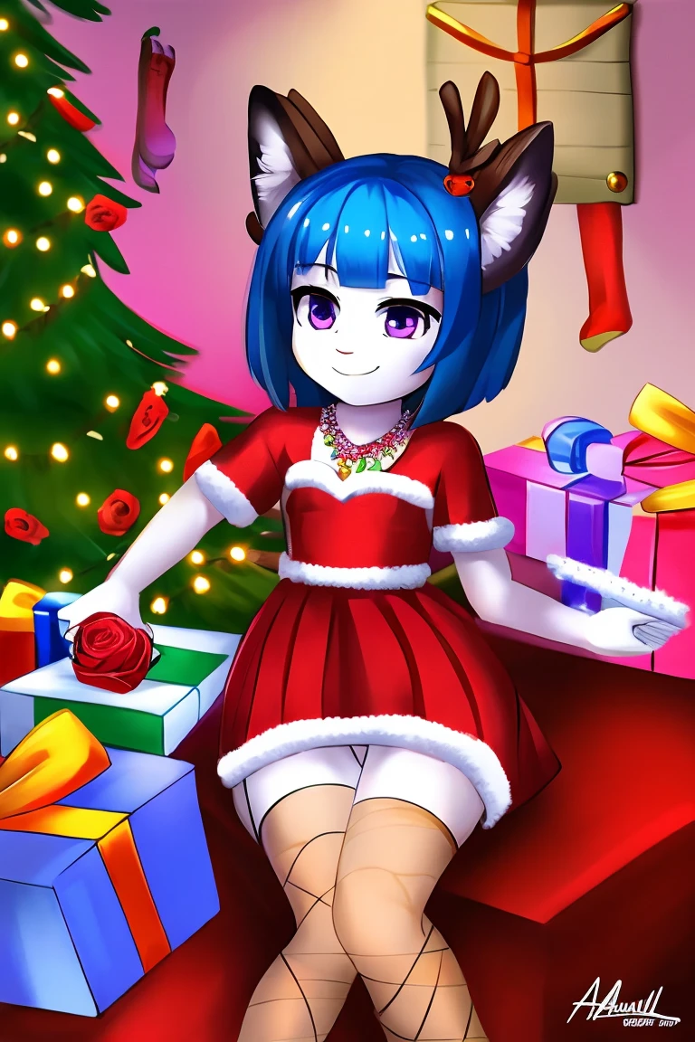 1 Girl, Bangs, Blue Hair, bow, Box, bracelet, Christmas, Christmas tree, Cowboy shooting, skirt, earrings, Fishing Net, flower, Gift, Gift Box, Hair accessories, Hamel, Jewelry, Looking at the audience, Colorful hair, necklace, Pantyhose, Open your mouth, Purple Eyes, red skirt, Ribbon, Rose, short hair, Smile, Solitary, High Leg Raise