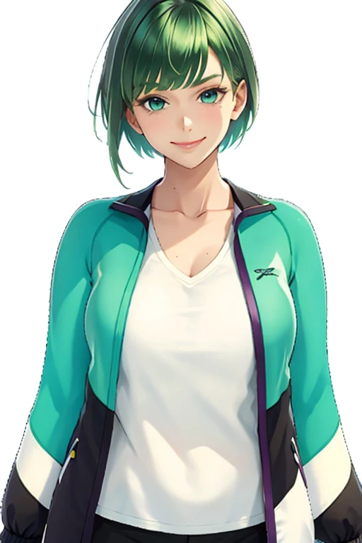 green hair,Emerald hair,short hair,short hair,bright face,upper body up,chest up,business woman,intellectual,smile,jacket,white shirt ,big bangs,beautiful bangs, laughter,drooling eyes, alone,Flow of hair that extends to the face,Big light blue eyes shine charmingly,green one piece,eyeliner,Shining white skin,