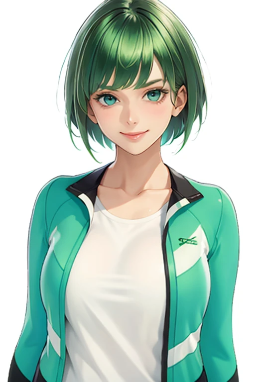 green hair,Emerald hair,short hair,short hair,bright face,upper body up,chest up,business woman,intellectual,smile,jacket,white shirt ,big bangs,beautiful bangs, laughter,drooling eyes, alone,Flow of hair that extends to the face,Big light blue eyes shine charmingly,green one piece,eyeliner,Shining white skin,