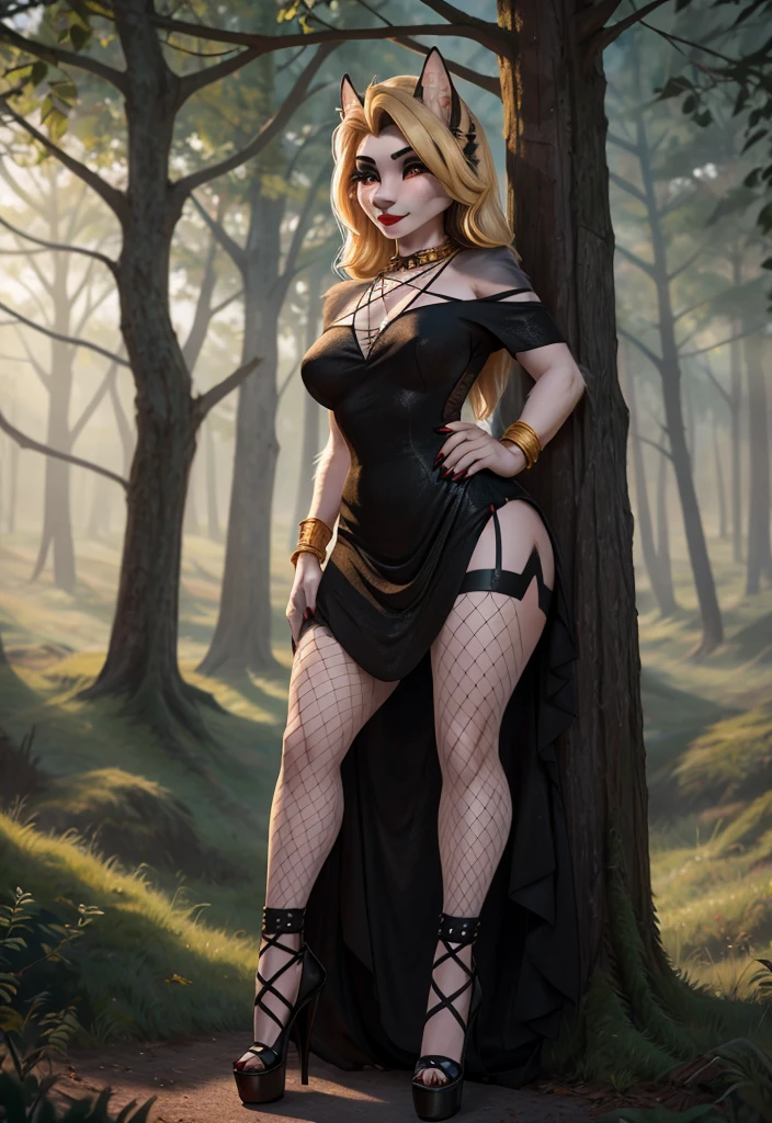 UHD 8k, HDR+, cute blonde female with a necklace, large piercing eyes, huge earrings, giant earrings, her long blonde hair falls over her shoulders, gold bracelets on the arms, long jet black hair flowing over the shoulders, Black high heel shoes, High heels, Black gothic dress, Against the background of the forest, detailed background, realistic, 1girl, solo girl, 20 year old girl, ultra realistic face, hyperrealistic, hyperdetailed, (looking at viewers), sharpen, detailed face, detailed eyes, detailed lips, red lips, beautiful face, 16k, FHD, raw photo, cute face mesh, pretty face mesh, portrait shot 8 k