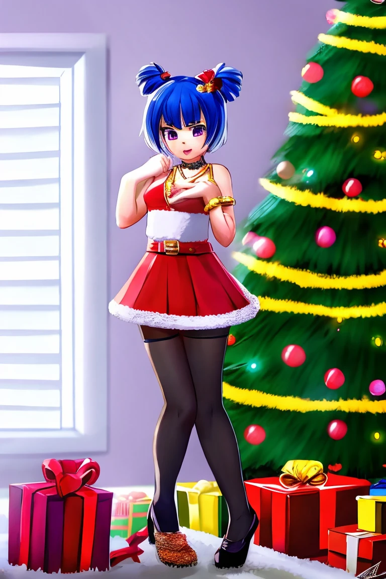 1 Girl, Bangs, Blue Hair, bow, Box, bracelet, Christmas, Christmas tree, Cowboy shooting, skirt, earrings, Fishing Net, flower, Gift, Gift Box, Hair accessories, Hamel, Jewelry, Looking at the audience, Colorful hair, necklace, Pantyhose, Open your mouth, Purple Eyes, red skirt, Ribbon, Rose, short hair, Smile, Solitary, High Leg Raise