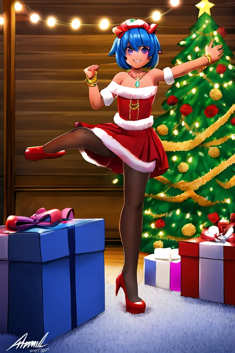 1 Girl, Bangs, Blue Hair, bow, Box, bracelet, Christmas, Christmas tree, Cowboy shooting, skirt, earrings, Fishing Net, flower, Gift, Gift Box, Hair accessories, Hamel, Jewelry, Looking at the audience, Colorful hair, necklace, Pantyhose, Open your mouth, Purple Eyes, red skirt, Ribbon, Rose, short hair, Smile, Solitary, High Leg Raise