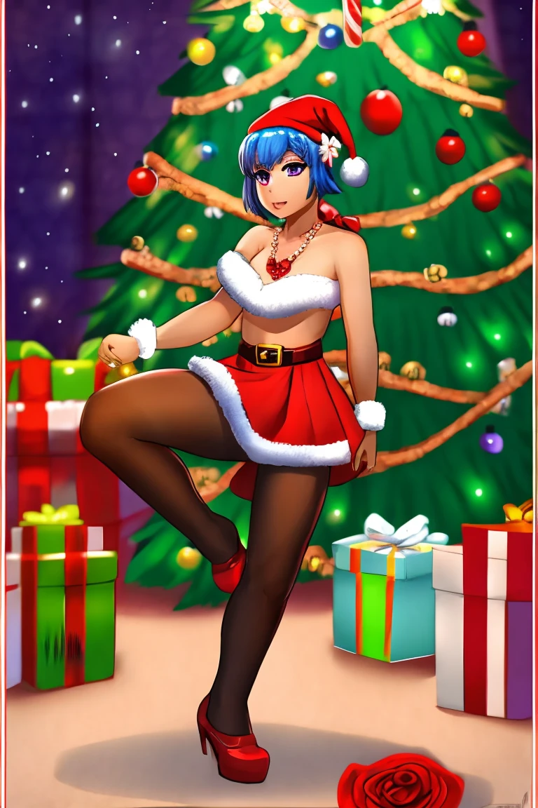 1 Girl, Bangs, Blue Hair, bow, Box, bracelet, Christmas, Christmas tree, Cowboy shooting, skirt, earrings, Fishing Net, flower, Gift, Gift Box, Hair accessories, Hamel, Jewelry, Looking at the audience, Colorful hair, necklace, Pantyhose, Open your mouth, Purple Eyes, red skirt, Ribbon, Rose, short hair, Smile, Solitary, High Leg Raise