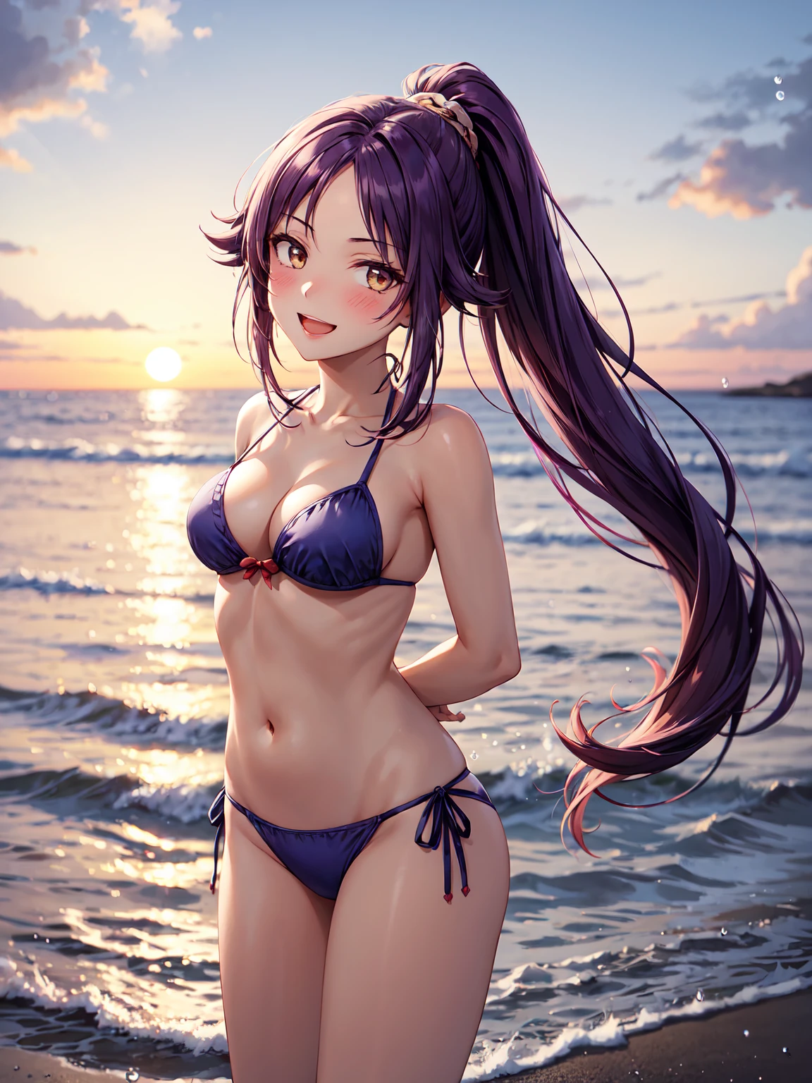 Masterpiece ,best quality , high resolution , (1 girl solo:1.38) , (Yoruichi, long hair, purple hair, ponytail, dark-skinned female, parted bangs), tall, slim body) , (wear bikini , head tilt) , (:1.2) , (medium breast:1 (arms behind back , hand behind back) , (outdoor , sunset , dusk , on neach , sea , ocean , romance light , water , mositure , droplet) , (standing cowboy shot) , ( full face blush , shy , smile , open mouth) , (front view, face view , look at viewer)