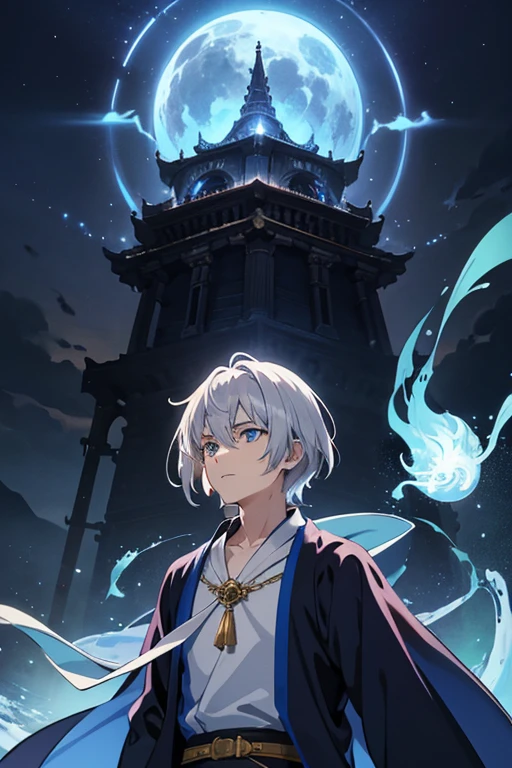 masterpiece, Highest quality, High resolution,Anime Style、Silver Hair、Short Hair、male、cool、Wizard、Robe、magic、Blue Flame、With the ancient city in the background