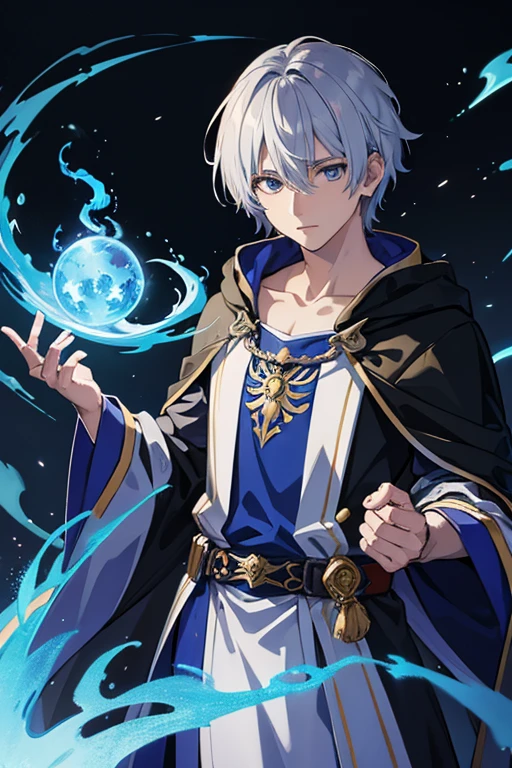 masterpiece, Highest quality, High resolution,Anime Style、Silver Hair、Short Hair、male、cool、Wizard、Robe、magic、Blue Flame、With the ancient city in the background