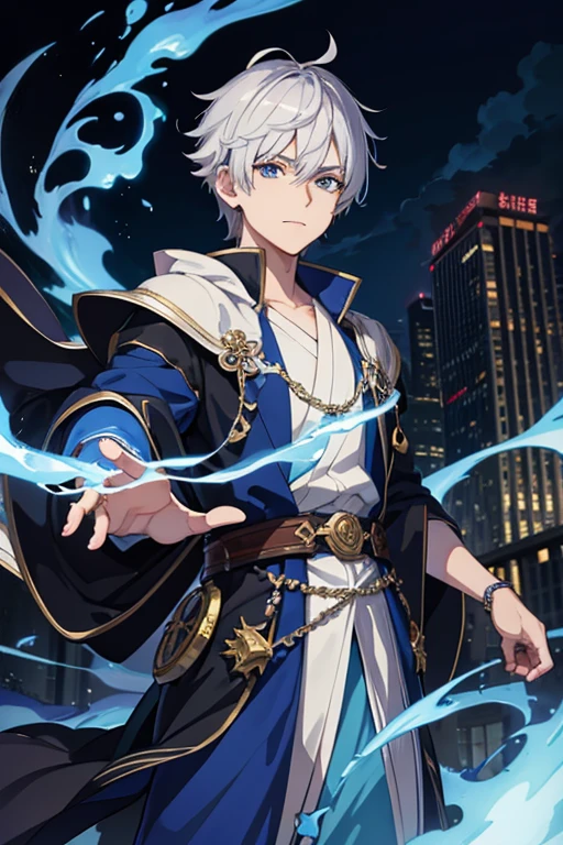 masterpiece, Highest quality, High resolution，Anime Style、Silver Hair、Short Hair、male、cool、Wizard、Robe、magic、Blue Flame、With the ancient city in the background