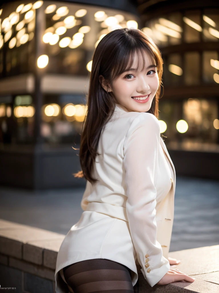 8k, (Raw photo:1.2), (Photorealsitic), Beautiful detailed, Famous popular actresses、 (Real: 1.4), extremely detailed eye and face, beatiful detailed eyes, ((Dazzling night illumination plaza:1.2)), ((Women's Suits:1.3, Ultra-realistic pantyhose:1.2))、selfee、Instagram、harsh trial, Please look at the camera and raise your hand、huge filesize, hight resolution, ighly detailed, top-quality, [​masterpiece:1.6], illustratio, ighly detailed, nsfw, finely detail, top-quality, 8k wallpaper, Cinematographic lighting, 1 milf, 21 year old, perfect body type, Beautiful big drooping eyes、Pieckfinger, ((masutepiece)), Best Quality, eye shadow,  high-heels、Portrait、(Very affectionate smile:1.2)、realistic skin textures、shinny skin、Exposed thighs,