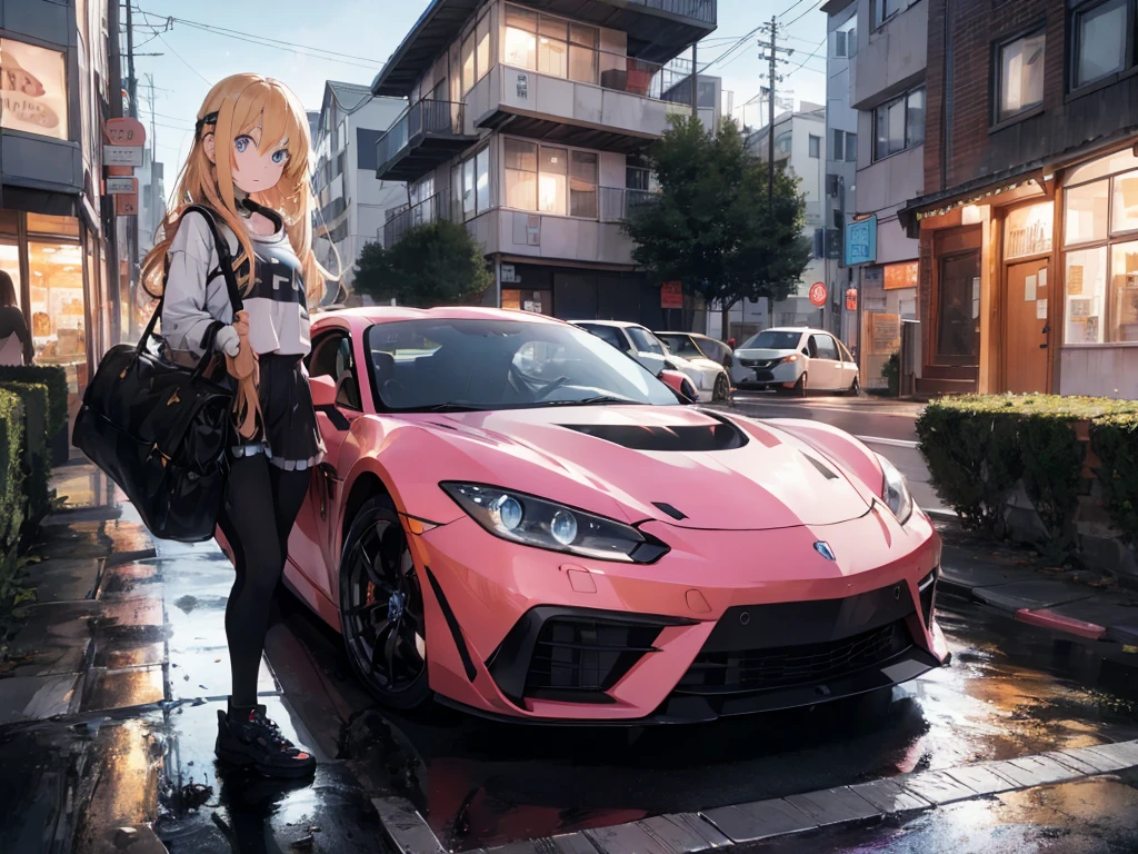 teenage woman ,long golden hair, blue eye,Wear black, pink sports car ,colored lights,cat bag,Morning,racer
