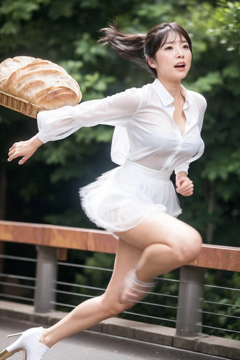 highest quality、masterpiece、ultra high resolution、(realistic:1.4)、Downtown Tokyo、woman、ライオンから逃げるwoman、(((running here、full speed force)))、Driving attitude ,serious expression、beautiful woman、blouse、skirt、handbag、high heels.(((Beautiful toes)))(((See-through))),large full breasts、Spread your legs apar(((no good))),(((not bread))),