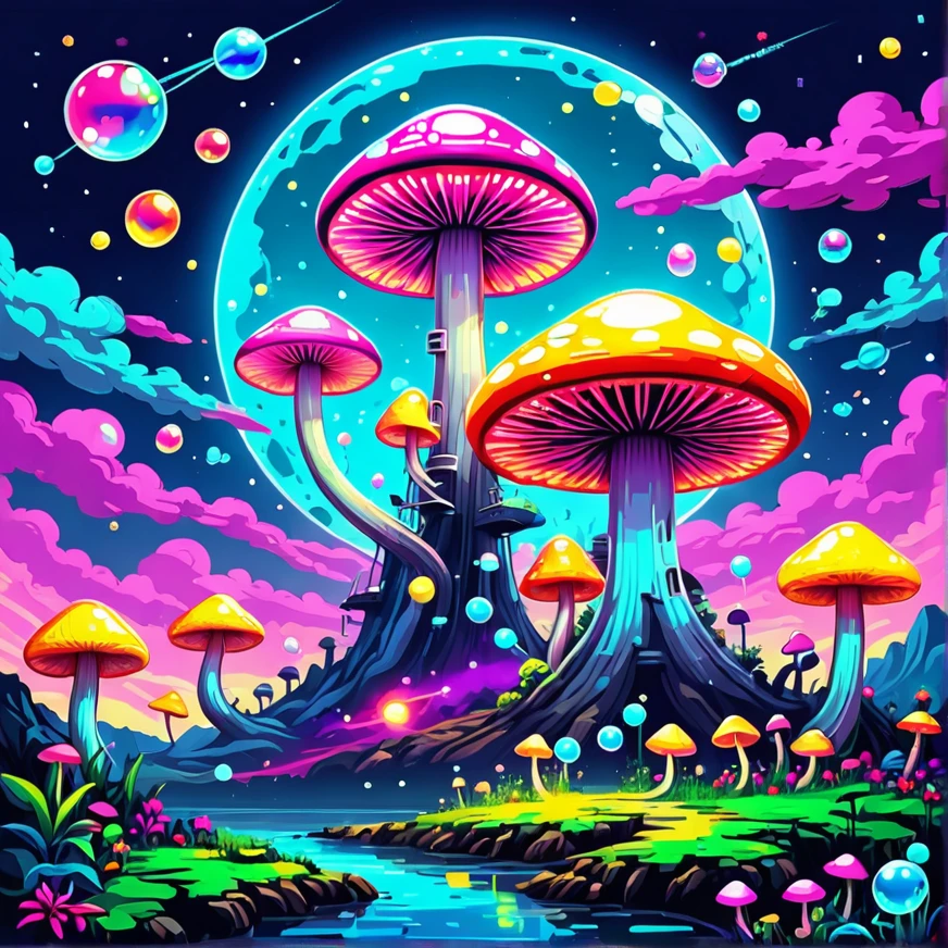 Magic mushrooms, space ship, aliean, pop art, lsd effects, glitches, neon color theme, bubbles
Viscous colours