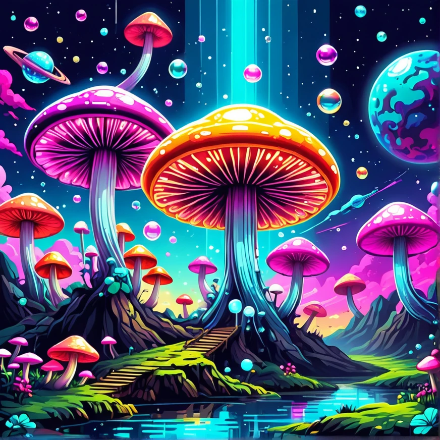 Magic mushrooms, space ship, aliean, pop art, lsd effects, glitches, neon color theme, bubbles
Viscous colours