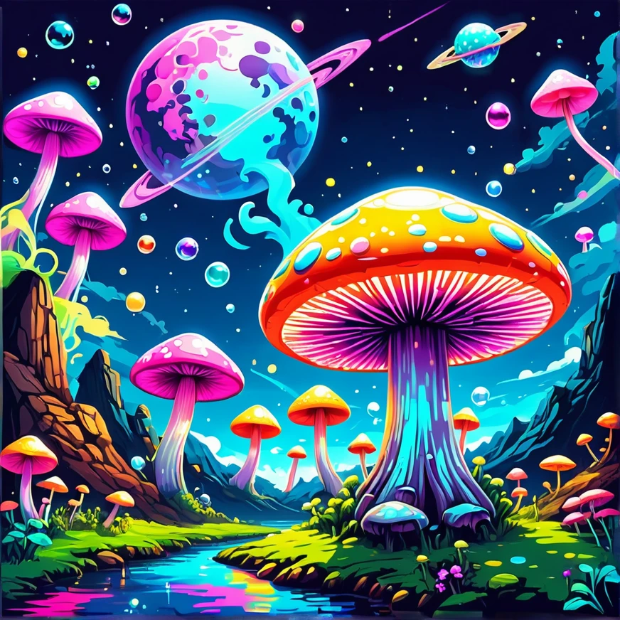 Magic mushrooms, space ship, aliean, pop art, lsd effects, glitches, neon color theme, bubbles
Viscous colours