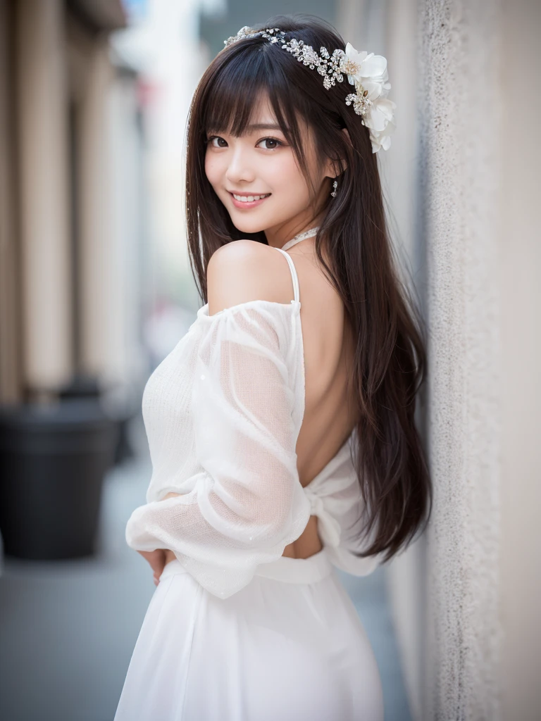 (In 8K, Highest quality, Tabletop, Ultra-high resolution, High quality face:1.5), (Rich in details), (Young Adult Model:1.3),(Photorealistic:1.4) (Look diagonally:1.6), 1 beautiful girl, White skin, (とてもWhite skin, Glittering Skin:1.4), Pin Spot Light, (Beautiful round eyes, Droopy eyes, Light in your eyes), Shiny, Straight Hair, Black Hair, hair longer than butt, Squint your eyes and laugh, Dazzling Smile, de luz, cute, refreshing, de luz拡散反射, ((Beautiful woman in pure white outfit)), (Japanese),White background, Portraiture, Dreamy, Lightweight texture