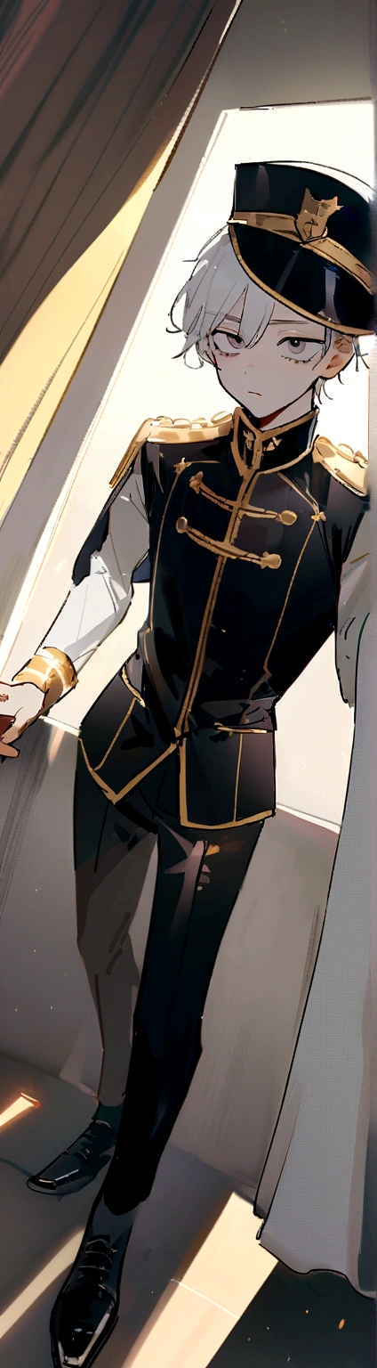 アニメ, masculine, best qualityer, Scrawny, artwork,white hair with a white and gold captain's hat, eye white, with penis out