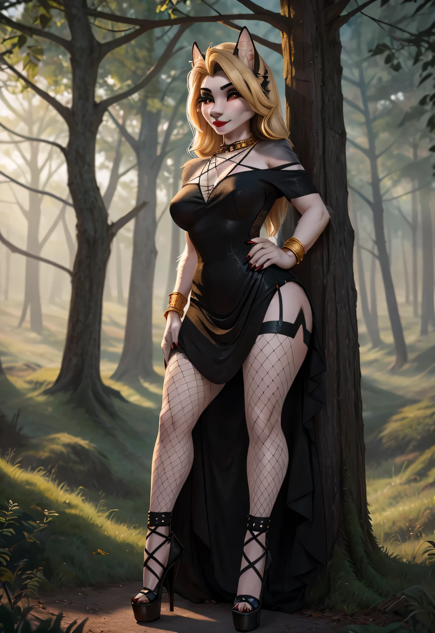 UHD 8k, HDR+, cute blonde female with a necklace, large piercing eyes, huge earrings, giant earrings, her long blonde hair falls over her shoulders, gold bracelets on the arms, long jet black hair flowing over the shoulders, Black high heel shoes, High heels, Black gothic dress, Against the background of the forest, detailed background, realistic, 1girl, solo girl, 20 year old girl, ultra realistic face, hyperrealistic, hyperdetailed, (looking at viewers), sharpen, detailed face, detailed eyes, detailed lips, red lips, beautiful face, 16k, FHD, raw photo, cute face mesh, pretty face mesh, portrait shot 8 k