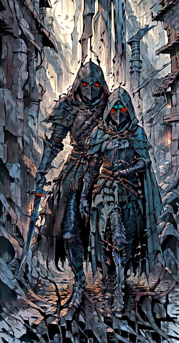 a man in a hooded jacket and a hoodie holding a sword, dark soul armor concept, flowing robes and leather armor, dark souls concept art, dark soul concept, concept armor, dark souls knight, from vermintide 2 video game, the witcher concept art, concept art of a warrior, darksouls concept art, the dark souls knight, dark concept art