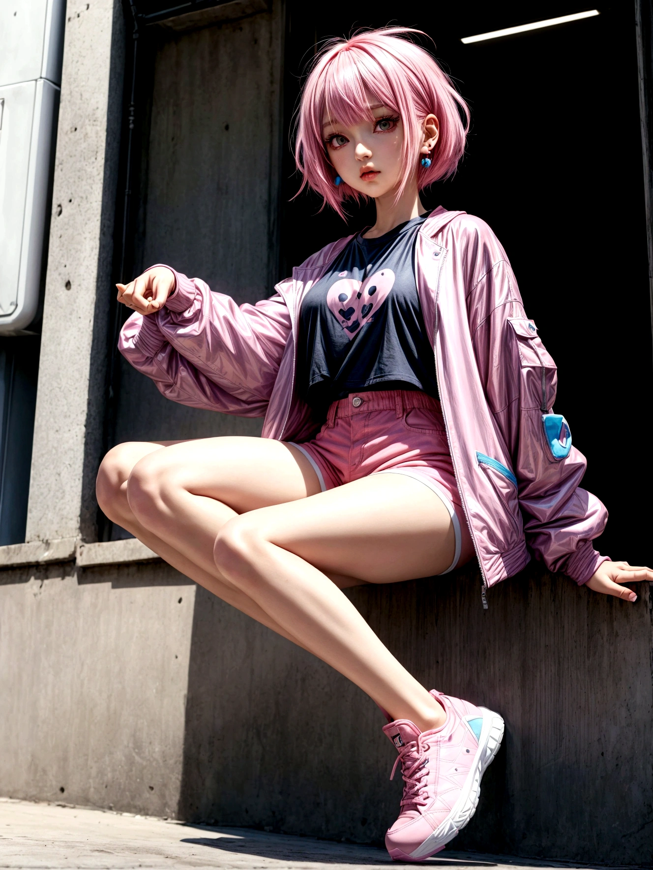 An 25 years old anime girl with pink Bob hairs, big black eyes, she's wearing blue T-shirt, modern short white full sleeves jacket, pink shorts and white shoes, standing, her face and earrings are incredibly cute