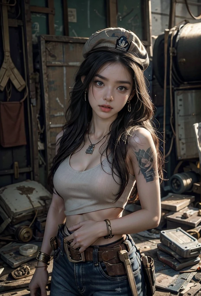 (photography:1.3, 16K, best quality, masterpiece, Ultra-high resolution), Perfect dynamic composition:1.2, Very detailedな肌と顔の質感:1.2, covered in wounds:1.2, (Post-apocalyptic world:1.0, In stark contrast to the desolate background:1.0, Adding destructive elements:1.0, There are debris and impurities scattered around:1.0), (Dynamic poses:1.0, 专业photography工作:1.0, Aim the gun at you:1.0), Very detailed, Beautiful Japanese women serving in the United States, Ultra-thin body, White skin, Very beautiful face, Serious expression, (Automatic Rifle:1.0, Bulletproof vest:0.5, torn military uniform:1.0, Backpack:0.5, boots:0.5), Full breasts, Chest space, Big eyes that exude beauty, Lips that radiate beauty, Cowboy shooting, necklace, earrings, bracelet, Tattoo, Military cap