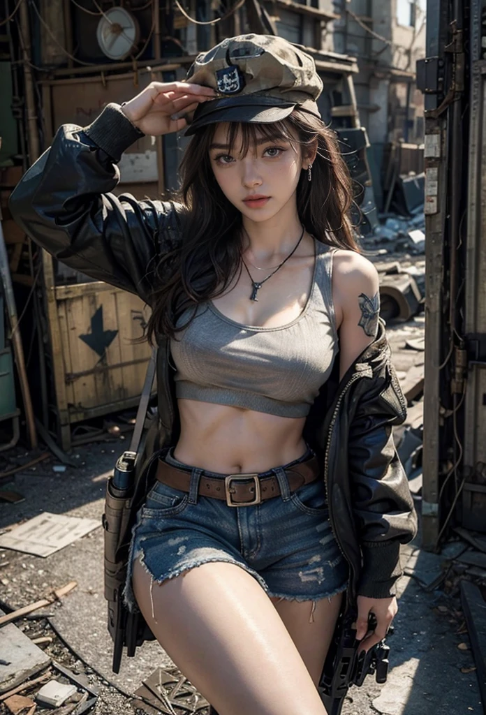 (photography:1.3, 16K, best quality, masterpiece, Ultra-high resolution), Perfect dynamic composition:1.2, Very detailedな肌と顔の質感:1.2, covered in wounds:1.2, (Post-apocalyptic world:1.0, In stark contrast to the desolate background:1.0, Adding destructive elements:1.0, There are debris and impurities scattered around:1.0), (Dynamic poses:1.0, 专业photography工作:1.0, Aim the gun at you:1.0), Very detailed, Beautiful Japanese women serving in the United States, Ultra-thin body, White skin, Very beautiful face, Serious expression, (Automatic Rifle:1.0, Bulletproof vest:0.5, torn military uniform:1.0, Backpack:0.5, boots:0.5), Full breasts, Chest space, Big eyes that exude beauty, Lips that radiate beauty, Cowboy shooting, necklace, earrings, bracelet, Tattoo, Military cap