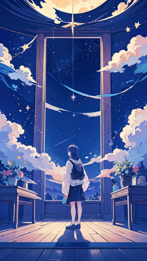 One man in a large room、look up、 night, moon, plant, star空、, star , night空、star座、dynamic、 scenery, Amaterasu, Wide Shot, moon,