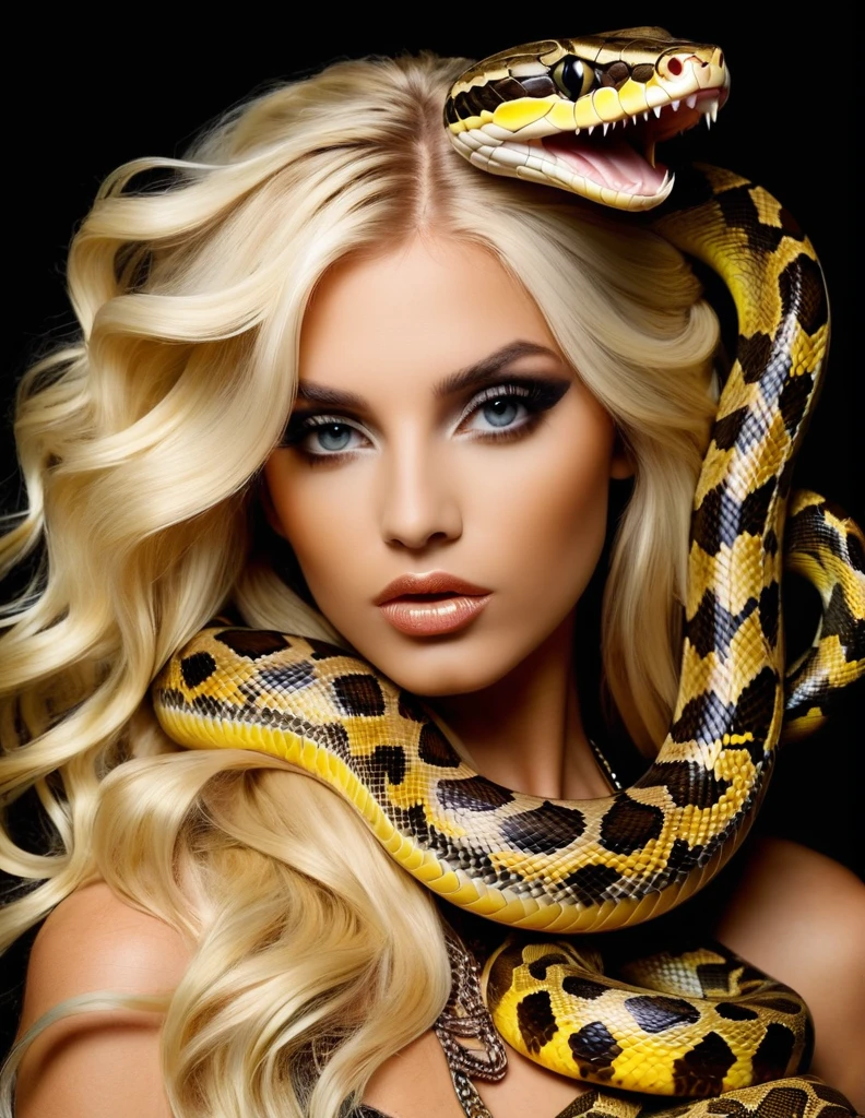 very attractive 25 year old girl with long platinum blonde hair, a close up of a woman holding a snake over her head, snake-face lady, mixed with snake, with snakes for hair, snake woman, with the head of a snake, queen of snakes, snakes for hair, her many snakes as hair, snake woman hybrid, holding a snake, snake human hybrid, snake oil skin, inspired by Hedi Xandt, skin pores, ski. Textures , masterpiece, 8k, analog film
