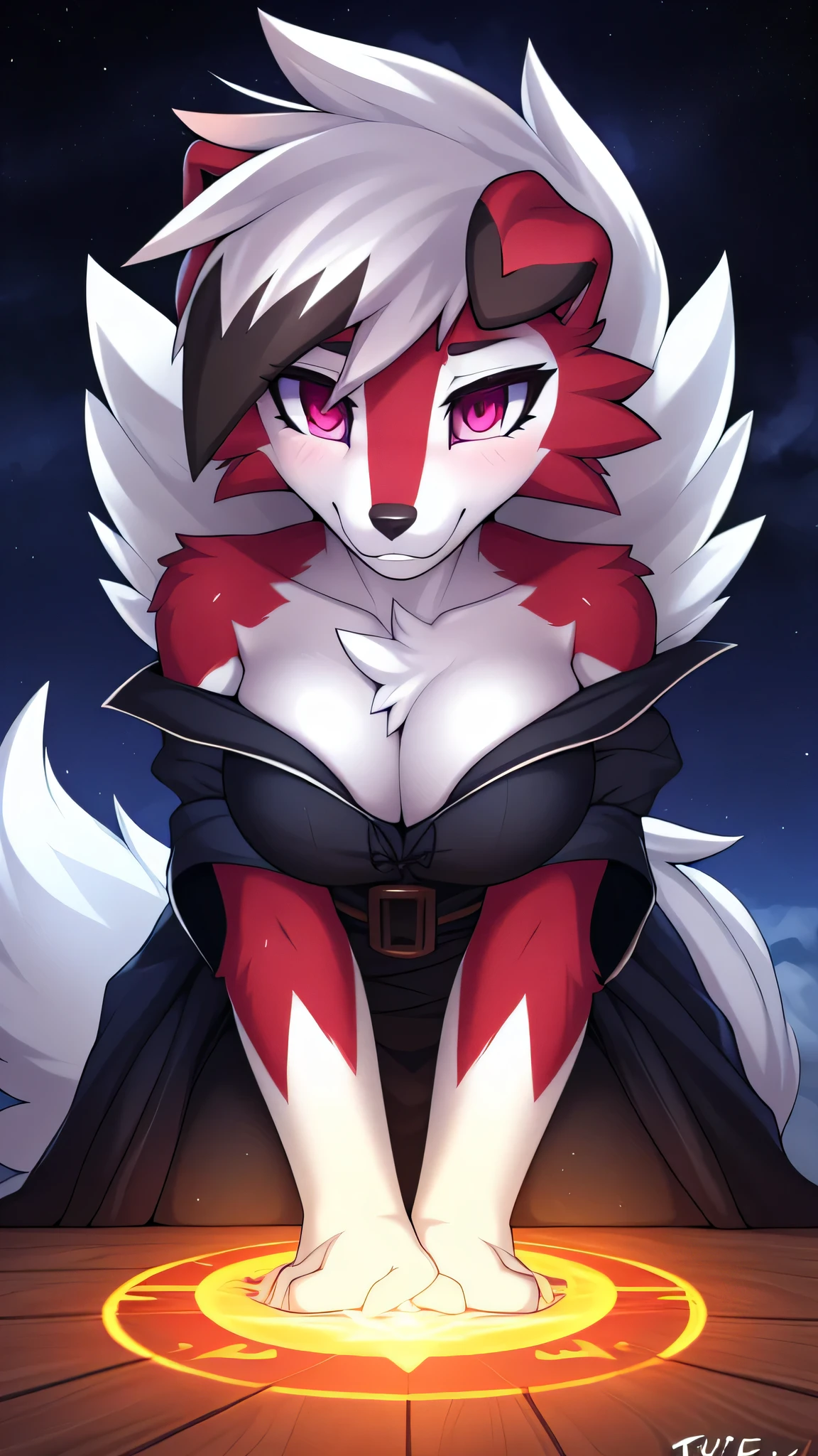 By zinfyu,by twistedscarlet60, uploaded on pixiv, by fluff-kevlar, (masterpiece), (best quality), (solo female:1.2), (extremely detailed:1.3),(detailed eye,black circle on eye,pink eye), lycanroc midnight, view on viewer, close view, shy face, half body on potrait, only body and head, close view, closeup photo of lycanroc, wearing wizard robe,perfect circle of breast,tight clotches, night, in wooden house hut, spell casting,bare shoulder,ritual