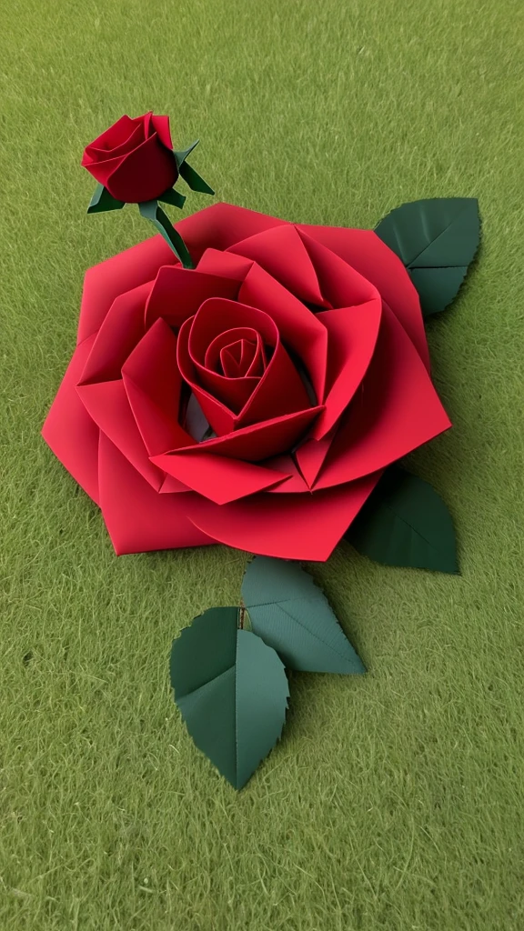 A one red rose origami on grassland
