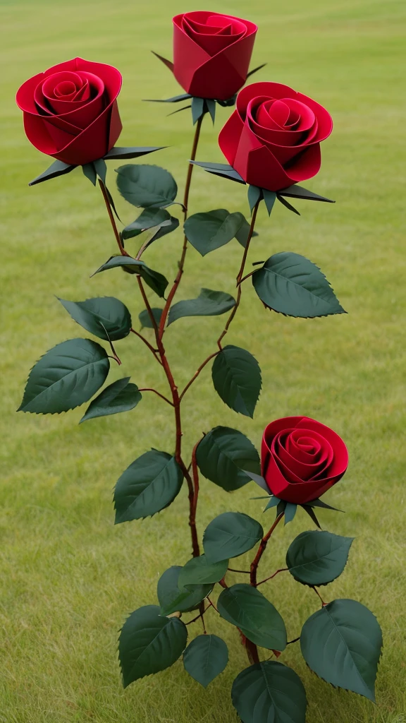 A one red rose origami on grassland