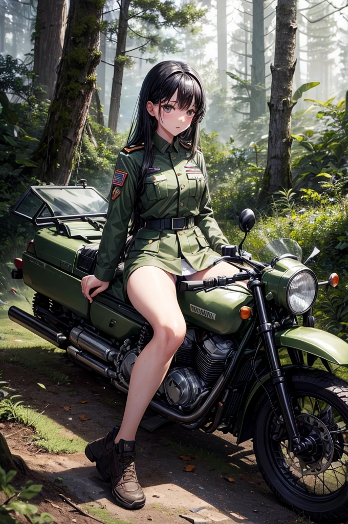 Best image quality, forest, Crashed helicopter, uniform, army, ""White underwear"", stand, Spread your legs, Rainfall, Black Hair, ""woman"",